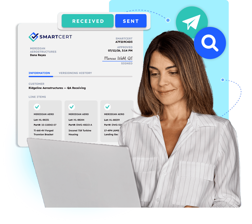  Illustration of SmartCert interface showing a completed certification package ready to be received or sent, alongside a user working on a laptop. Visual elements represent centralized cert delivery, access, and traceability.