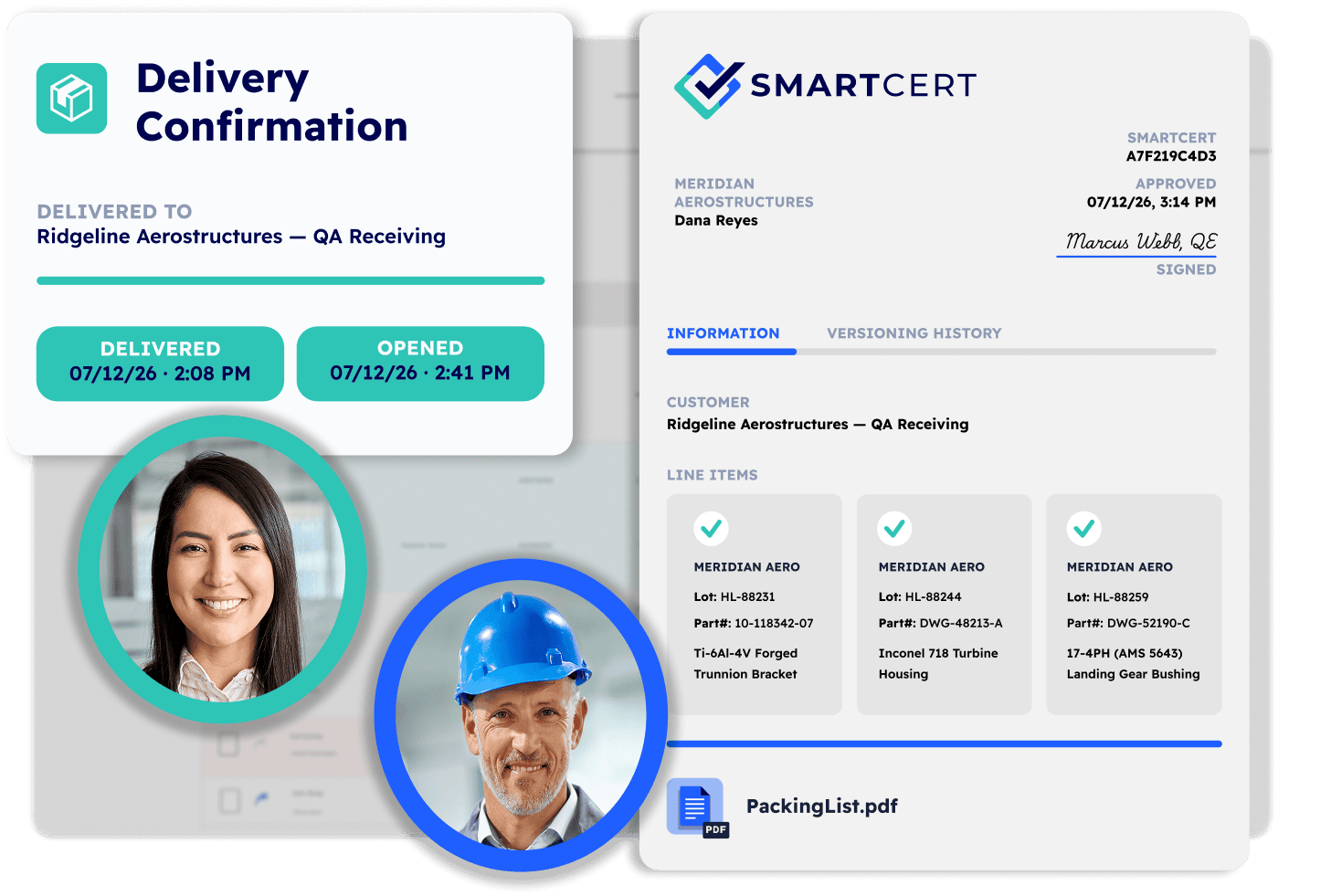 Illustration of SmartCert's Cert Creation and Delivery feature. Users assemble a complete cert package from existing documents, verify compliance, deliver it digitally, and track when customers receive and open it. The screen shows a completed cert package with delivery confirmation, approval status, line items, and recipient activity.