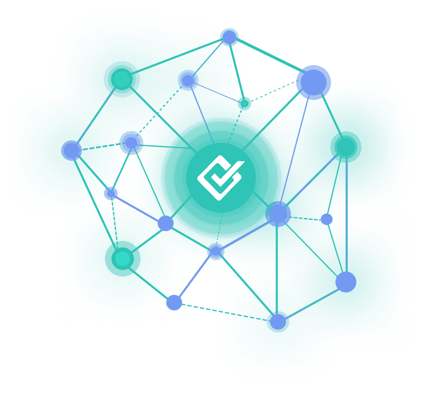  Illustration of SmartCert’s Enterprise Security feature. SmartCert protects supply chain data through a secure, connected network with encrypted access and traceable activity. The screen shows the SmartCert symbol at the center of a network of interconnected nodes, representing protected connections between users, systems, and cert data.