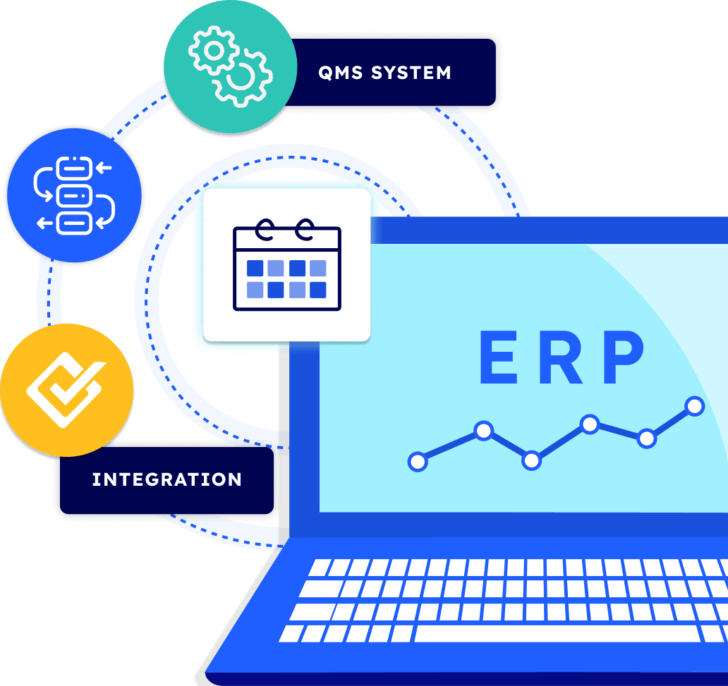 Illustration of an ERP system connected to QMS and integration tools, representing SmartCert’s integration with existing business systems.