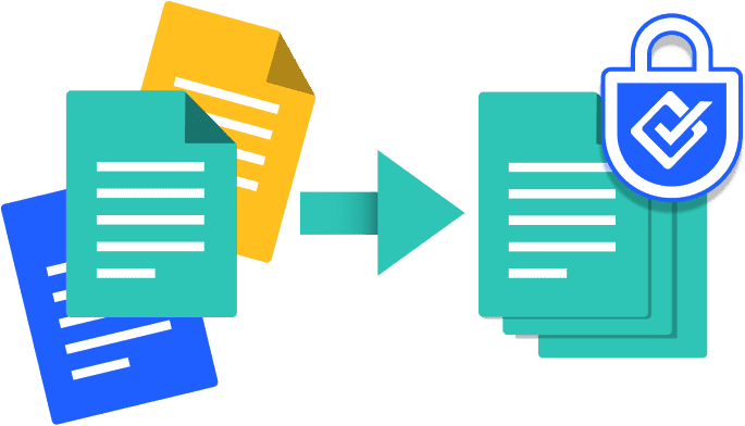 Illustration of SmartCert’s secure cert management feature. Users consolidate scattered certification documents into a protected digital cert package, reducing the risks associated with files stored in inboxes, shared folders, and unsecured drives. The screen shows multiple separate documents becoming one secured document package marked with a lock.